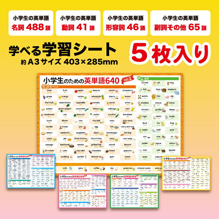 英単語640語収録!桜弥生 知育お風呂ポスター5枚セット 防水A3サイズ