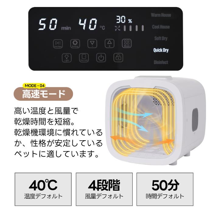 ペットドライルーム 50L 静音 自動温風 除菌機能付 小型犬・猫用 時短乾燥&脱走防止