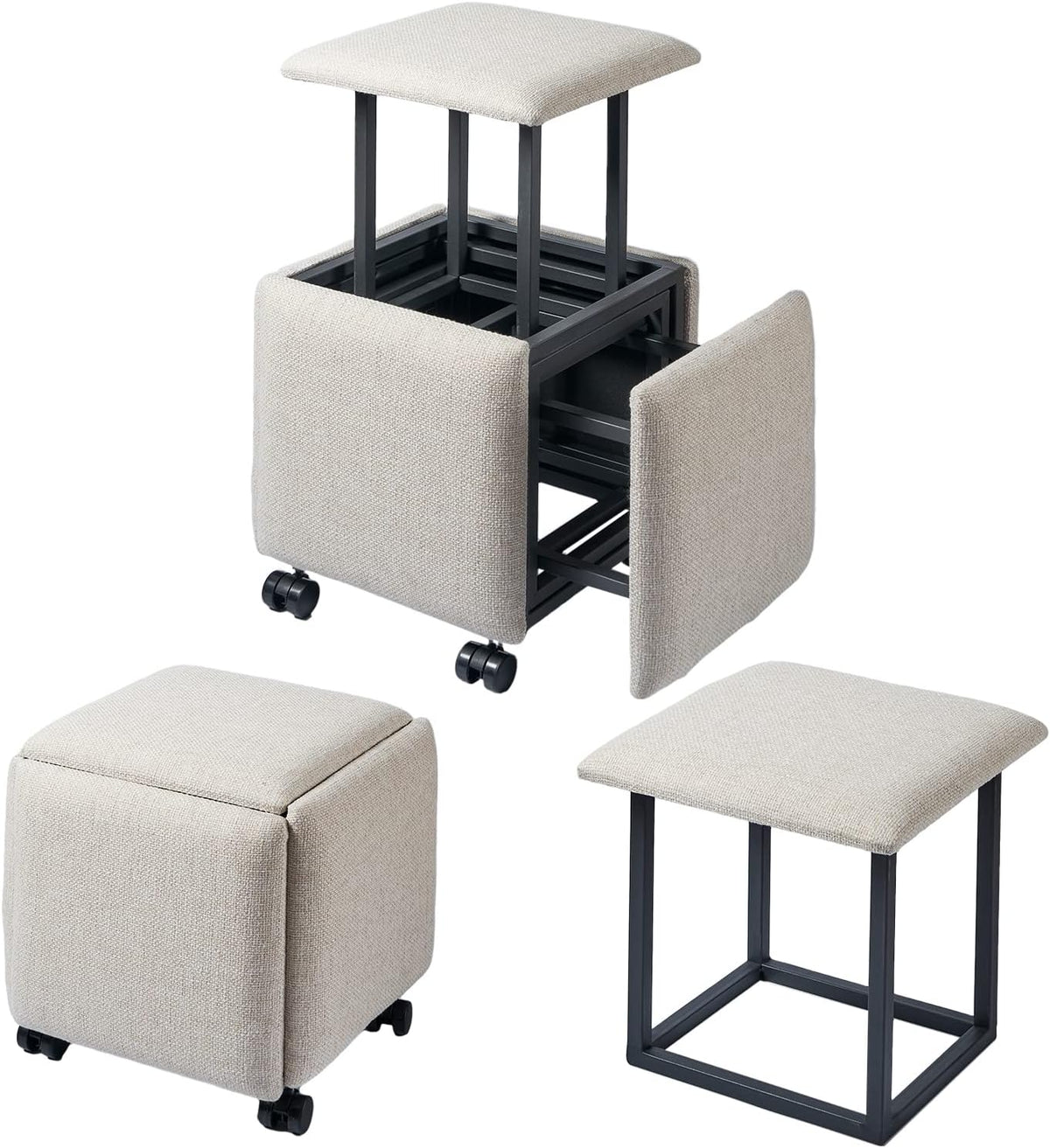スツール 5脚セット 収納 チェア おしゃれ 5in1 コンビネーションスツール 椅子 イス オットマン サイドテーブル 家具 コンパクト 家族 1人掛け 2WAY ファブリック 布張り スタッキング 積み重ね インテリア 寝室 リビング 居間 在宅 来客 北欧