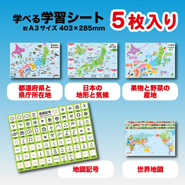 桜弥生 知育お風呂ポスター 地図5枚セット 日本・世界・地形・気候を楽しく学習
