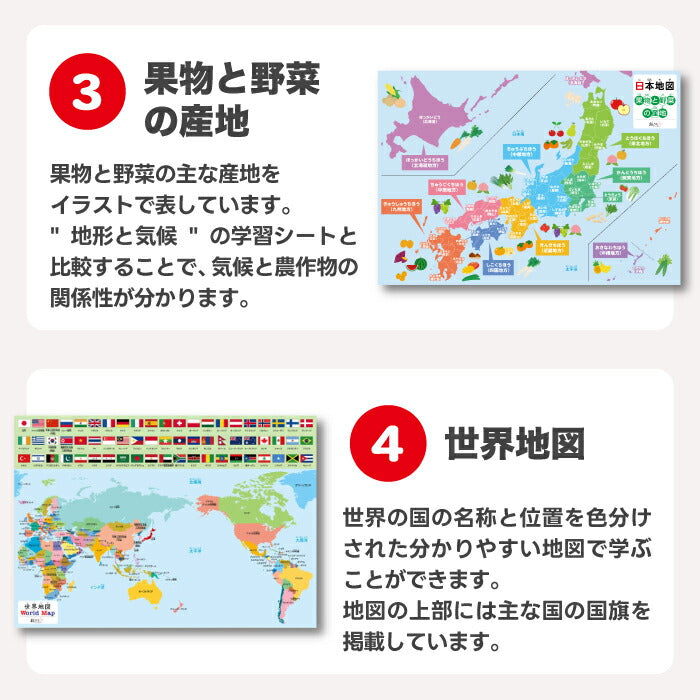 桜弥生 知育お風呂ポスター 地図5枚セット 日本・世界・地形・気候を楽しく学習