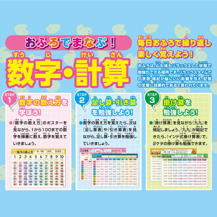桜弥生 知育お風呂ポスター算数6枚セット 足し算・九九・掛け算を楽しく学べる防水教材