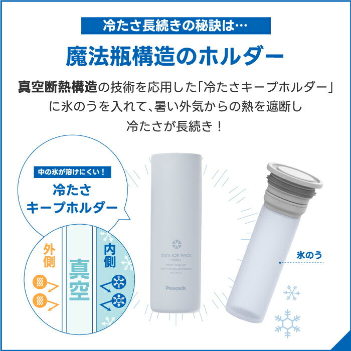 】ピーコック ネッククーラー ミニ 真空断熱×魔法瓶構造で長時間ひんやり！70ml氷嚢付き 熱中症対策に◎