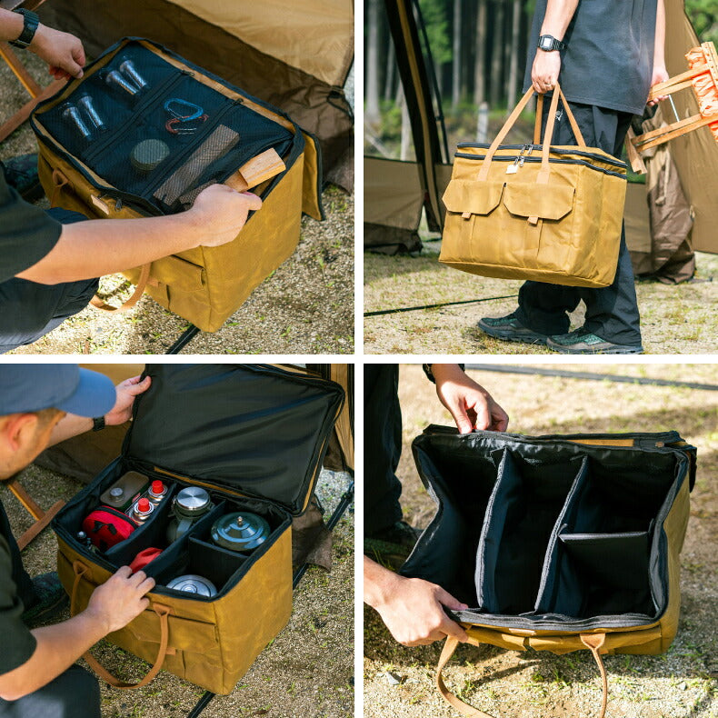 asobito アソビト ツールボックス トランクコンテナ 道具収納バッグ 帆布 パラフィンキャンバス キャメル 撥水 大容量 42cm 仕切り付き 小物ポケット 手提げ キャンプ アウトドア BBQ ギア収納 ギアバッグ ランタンケース 工具入れ 道具箱 車載 経年変化 おしゃれ プレゼント