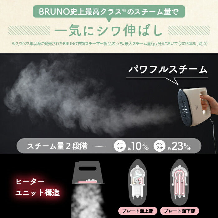 ブルーノ 衣類スチーマー BRUNO スチームアイロン 除菌 消臭 軽量 ハンガーにかけたまま コード付 ハンディスチーマー 衣類ケア 一時置き 立てて置ける ワンタッチ着脱 給水タンク 脱臭 花粉 ダニ対策 しわ コンパクト 時短 おしゃれ 家電 出産祝い