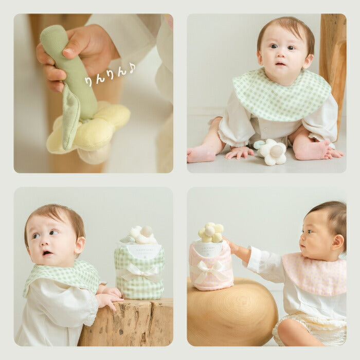 おむつケーキ｜日本製スタイ＆お花ラトル付・出産祝いに◎ギンガムチェック