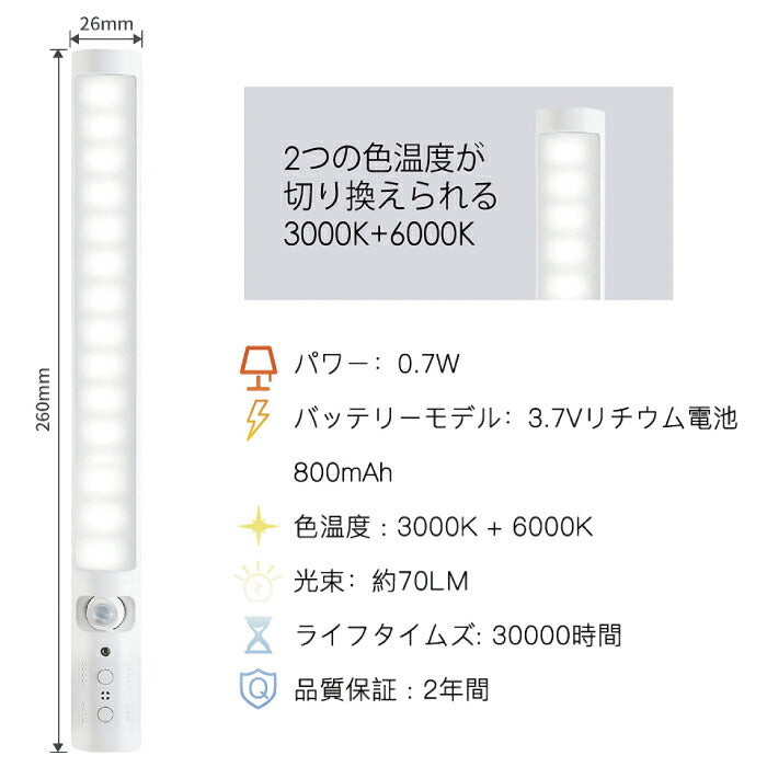 【2個セット】 人感センサーライト LEDスティックライト USB充電式 自動点灯 貼り付け型