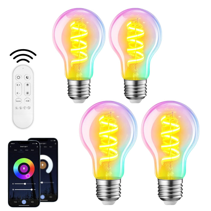 スマート電球 LED E26 4個セット リモコン付き 40W形相当 500lm フィラメント電球 調光調色 一般電球形 A60 RGBCW 1600万色 Wi-Fi Bluetooth Alexa Google Home 音声操作 スマホ アプリ操作 広配光 常夜灯 タイマー 省エネ おしゃれ レトロ 天井照明 間接照明 新生活 新居