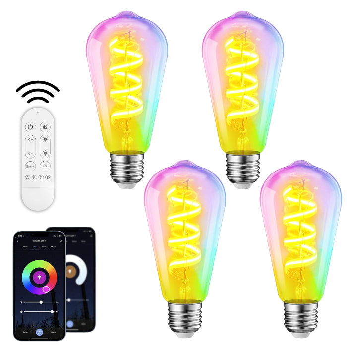 スマート電球 LED E26 4個セット エジソン電球 フィラメント ST64 RGBCW 1600万色 調光調色 Wi-Fi Bluetooth Alexa Google Home 音声操作 スマホ アプリ操作 リモコン付き 40W形相当 タイマー おしゃれ レトロ 間接照明 天井照明 裸電球 省エネ 長寿命 新生活 新居 引越し