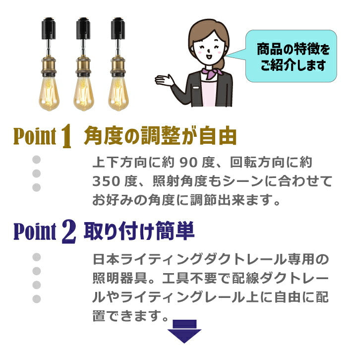 【3個セット】ダクトレール スポットライト E26口金 LED電球付き エジソン電球 60W形相当 電球色