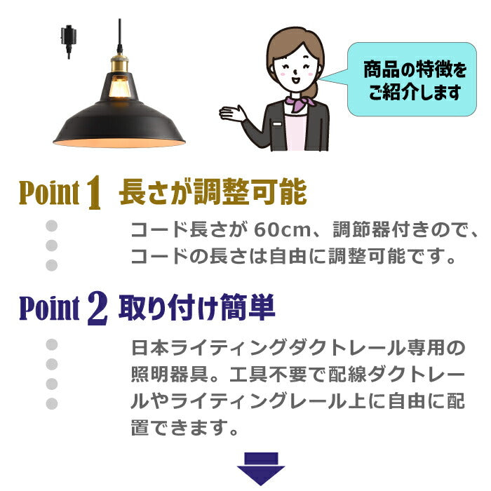 ペンダントライト ダクトレール E26口金 直径27cm LED電球付き 6W 60W形相当 電球色 エジソン電球