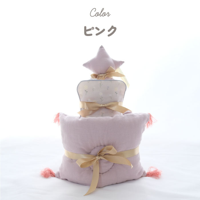 おむつケーキ 出産祝い ベビーピローとラトルのベビーケーキ お祝い おむつ コットン 綿 ピロー 枕 かわいい おしゃれ 赤ちゃん ベビー 男の子 女の子 男女兼用 ガーゼ 枕 ラトル ガラガラ 鈴 星 スター ハンカチ プレゼント ギフト 日本製