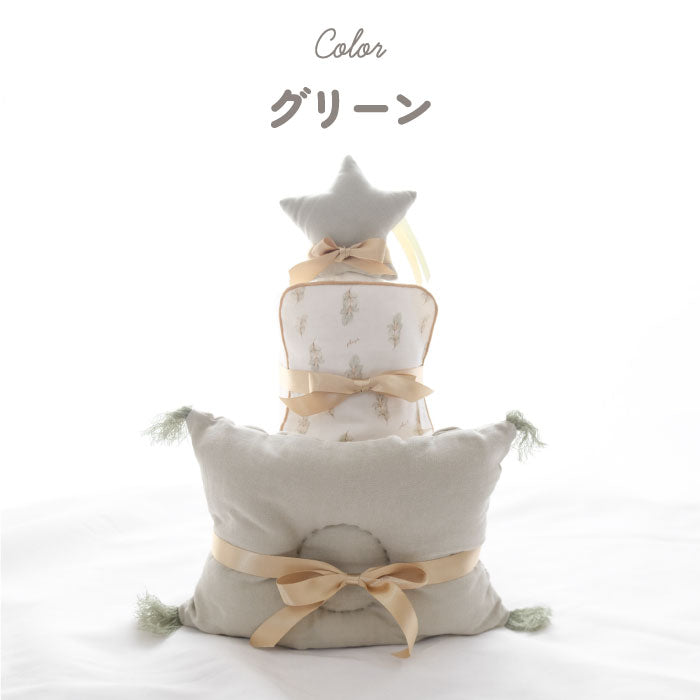 おむつケーキ 出産祝い ベビーピローとラトルのベビーケーキ お祝い おむつ コットン 綿 ピロー 枕 かわいい おしゃれ 赤ちゃん ベビー 男の子 女の子 男女兼用 ガーゼ 枕 ラトル ガラガラ 鈴 星 スター ハンカチ プレゼント ギフト 日本製