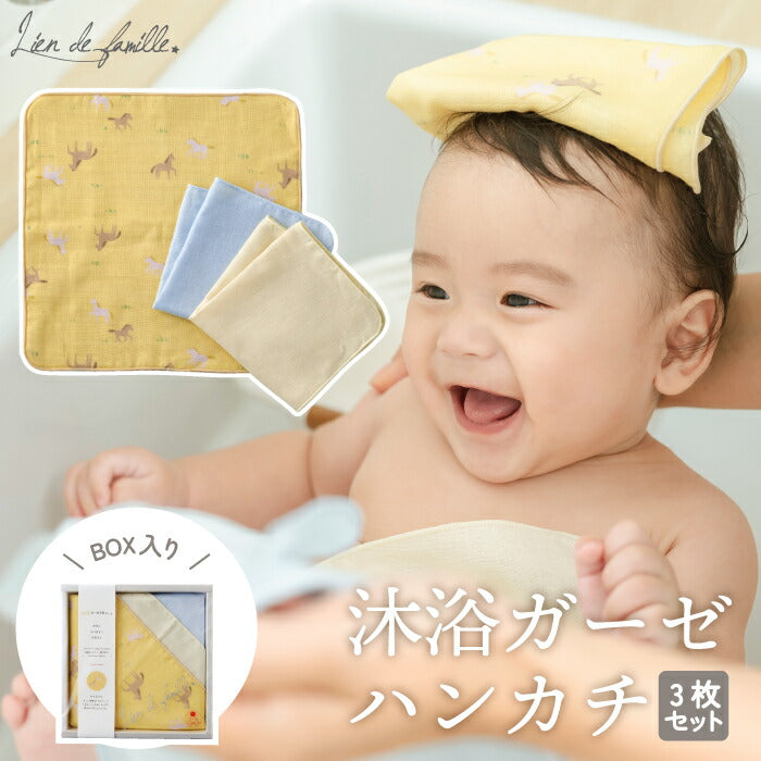 日本製ベビーガーゼハンカチ3枚組｜馬柄・出産祝いに◎綿100％沐浴＆よだれ拭き