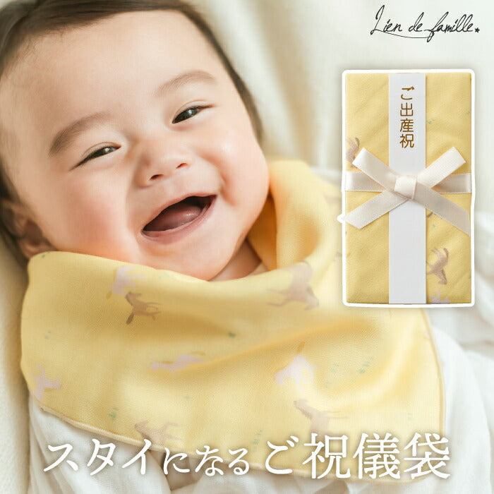 おうまさんのご祝儀袋 スタイ＆ハンカチセット 出産祝いに最適 可愛い馬柄 日本製 ビブ よだれかけ ガーゼ素材 男女兼用 0歳 1歳 赤ちゃん あかちゃん ベビー 男の子 女の子 ベビーギフト プレゼント お祝い リヤンドファミーユ kirara