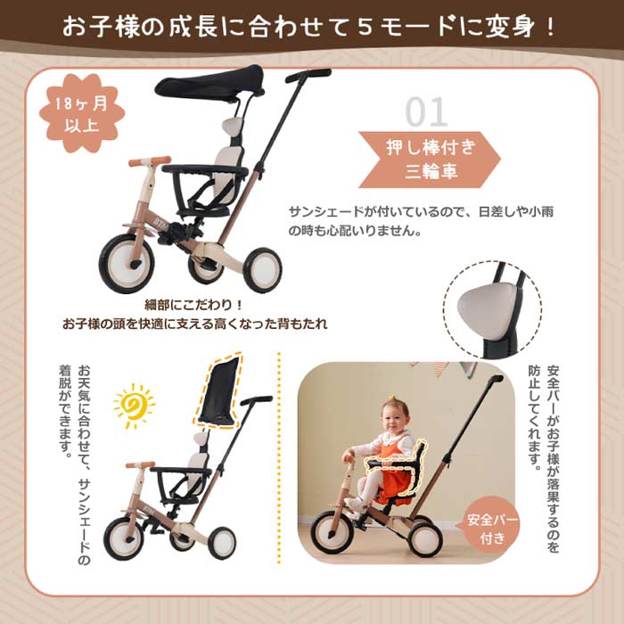 1〜5歳対応！5in1子供用三輪車BTM🎁手押し棒＆サンシェード付きで室内外OK、誕生日や出産祝いに最適な乗用玩具