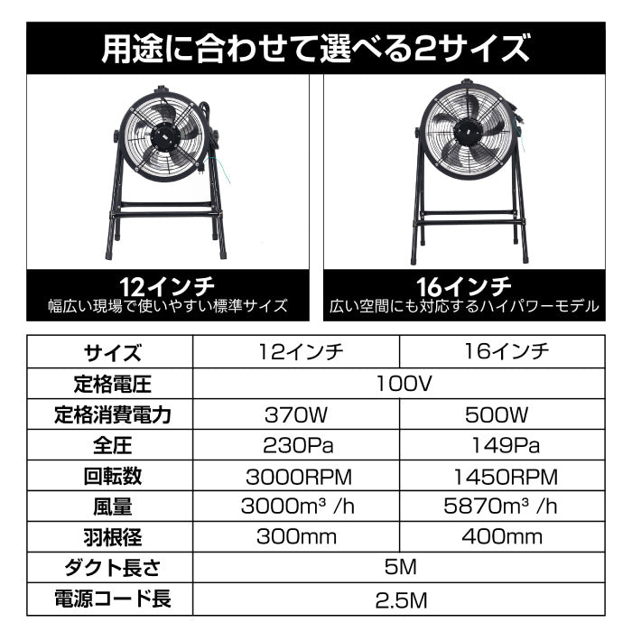 業務用送風機 工場扇 5mダクトホース付き ポータブルファン 12インチ 16インチ 排風機 大型扇風機 工業扇 換気ファン 無段階風量調節 換気 排気 空気循環 上下90度角度調節 工場 倉庫 作業場 ガレージ 畜産施設 アルミ羽根 暑さ対策 虫対策 床面乾燥