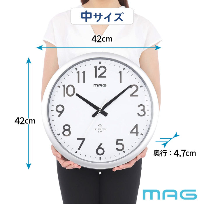 掛け時計 Wi-Fi 無線LAN 大型 50cm ネット時刻同期 電波時計が届かない場所に NTPサーバ指定可 正確 自動時刻修正 壁掛け時計 500mm 420mm 327mm アナログ時計 秒針停止 ステップ秒針 電池 見やすい オフィス 事務所 工場 病院 施設 学校 MAG 新生活