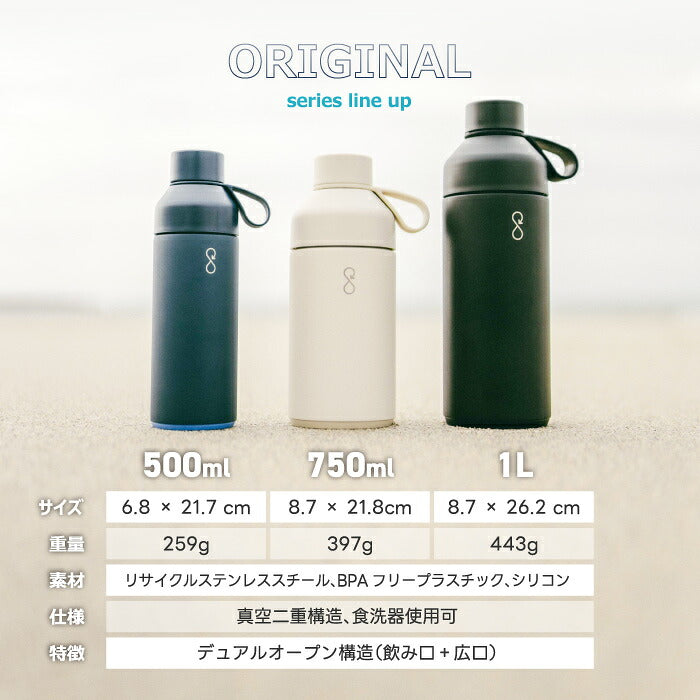 Ocean Bottle オーシャンボトル ORIGINAL 真空断熱 ステンレスボトル マイボトル 水筒 保温 保冷 500ml 750ml 1L サステナブル 海洋プラスチック エコ 食洗機対応 洗いやすい デュアルオープニング おしゃれ 通勤 通学 スポーツ アウトドア ギフト BPAフリー 軽量 マグボトル