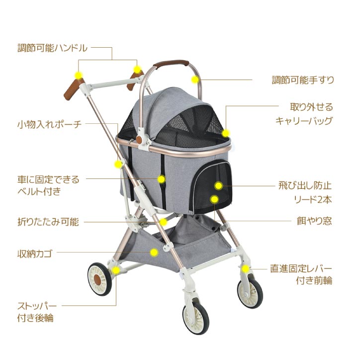 ペットカート 4輪 軽量・折りたたみ式｜対面＆分離型・小型犬用・おしゃれで便利