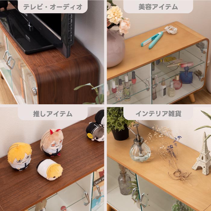 東谷 コレクションシェルフ ロータイプ 2段鏡付き 木製ガラス棚 おしゃれ収納