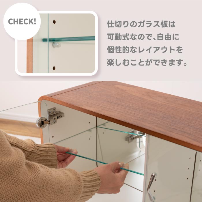 東谷 コレクションシェルフ ロータイプ 2段鏡付き 木製ガラス棚 おしゃれ収納