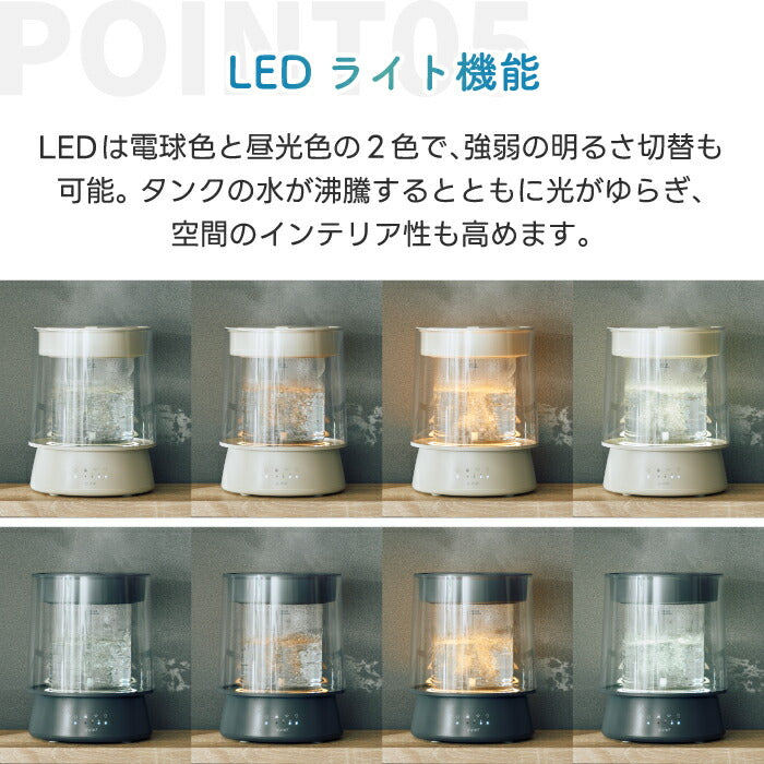 スチーム加湿器 上部給水式 大容量 2.6L ガラス おしゃれ QUADS 透明 洋室17畳対応 静音 高加湿 加熱式 安全機能付き LEDライト チャイルドロック付き 上から給水 うるおい 乾燥対策 インテリア 木造10畳 簡単 リビング オフィス 寝室 冬家電