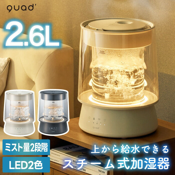 スチーム加湿器 上部給水式 大容量 2.6L ガラス おしゃれ QUADS 透明 洋室17畳対応 静音 高加湿 加熱式 安全機能付き LEDライト チャイルドロック付き 上から給水 うるおい 乾燥対策 インテリア 木造10畳 簡単 リビング オフィス 寝室 冬家電