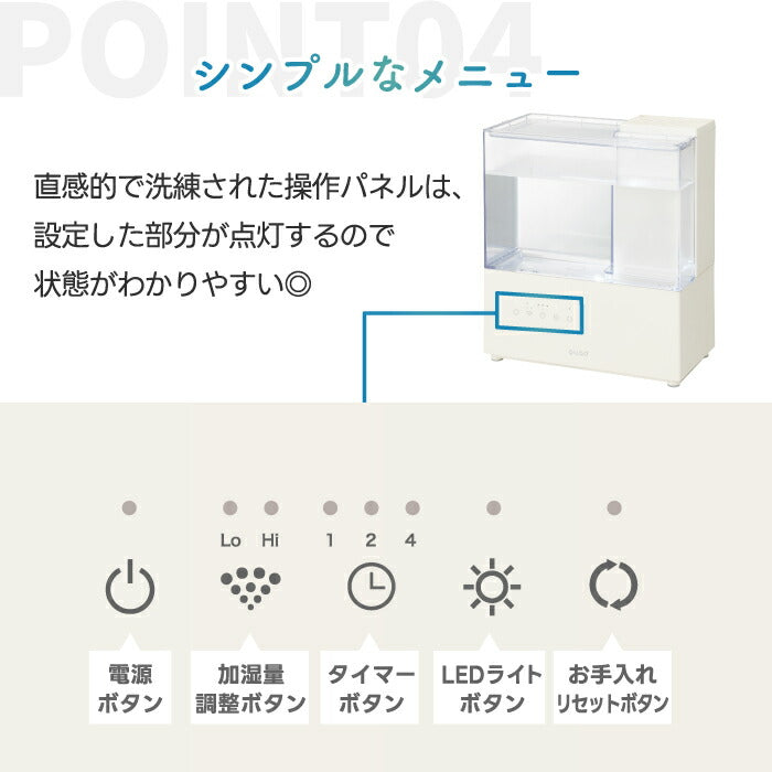 加湿器 おしゃれ スチーム式加湿器 上部給水 大容量 3.5L QUADS エルモイスト LEDライト アロマ対応 長時間加湿 コンパクト 省スペース 乾燥対策 清潔 お手入れ簡単 タンク 丸洗い可能 静音 空焚き防止機能付き 沸騰 冬家電 卓上 寝室 リビング
