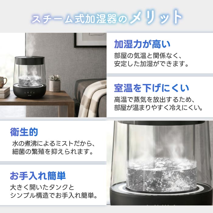 スチーム加湿器 上部給水 大容量1.8L ガラス スチーム式加湿器 おしゃれ QUADS 沸騰式加湿器 透明 静音 高加湿 加熱式 上から給水 安全機能付き LEDライト チャイルドロック付き うるおい 乾燥対策 インテリア 便利 簡単 リビング オフィス
