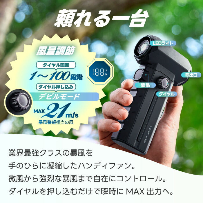 ハンディファン 強力 暴風 充電式 QUADS クワッズ デビルファン DEVIL FAN ブロワー エアダスター 100段階風量調整 携帯扇風機 LEDライト 多機能 手持ち 小型 パワフル 洗車 水切り キャンプ 火起こし キーボード掃除 熱中症対策 アウトドア 暑さ対策