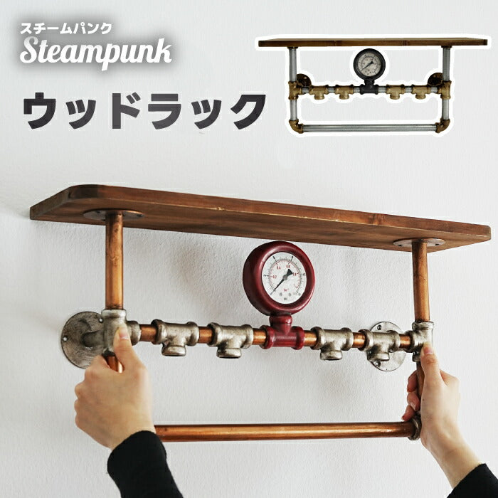 壁掛け棚 ウォールラック 壁掛けラック スチームパンク Steampunk おしゃれ 3段 ウォールシェルフ 取付ビス付 ウッドラック アンティーク レトロ インダストリアル 飾り棚 配管風 フック付き アンカー付き インテリア 玄関 リビング 新築祝い ギフト