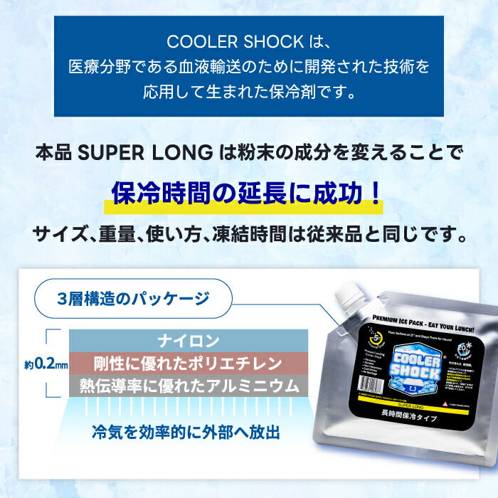 保冷剤 最強 長時間 クーラーショック スーパーロング COOLER SHOCK SUPER LONG S M L ソフトタイプ フラット 繰り返し -5℃ クーラーボックス用 アイスパック 氷点下 キャンプ アウトドア BBQ 釣り 保冷パック 強力 買い物 防災 生鮮 熱中症対策