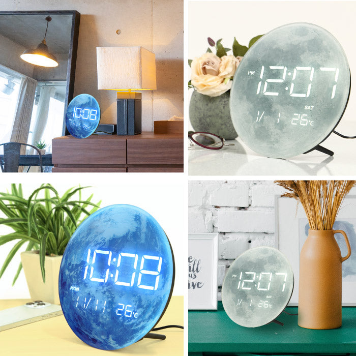 置き時計 デジタルクロック おしゃれ MAG デジタル LED 置時計 月面 地球デザイン 温度計 カレンダー 静か 日付 曜日 夜間減光機能 USB電源付き ムーン アース モダン スタイリッシュ リビング オフィス インテリアクロック プレゼント ギフト