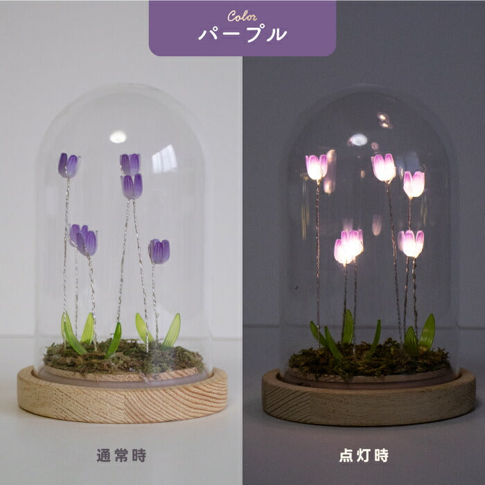LUMO チューリップ ガラスドーム LEDライト付 卓上 インテリア 置物 コードレス 電池式 オブジェ インテリアライト 間接照明 かわいい フラワーライト 北欧風 ファンタジー 幻想的 癒し ナチュラル シンプル ギフト プレゼント 新生活