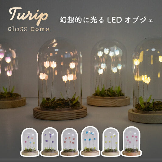 LUMO チューリップ ガラスドーム LEDライト付 卓上 インテリア 置物 コードレス 電池式 オブジェ インテリアライト 間接照明 かわいい フラワーライト 北欧風 ファンタジー 幻想的 癒し ナチュラル シンプル ギフト プレゼント 新生活