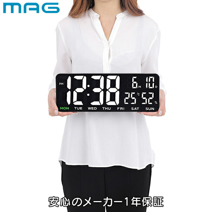LEDデジタル時計 大型 壁掛け 置き時計 MAG ホワイトアワー デジタルクロック 見やすい 温度計 湿度計 カレンダー おしゃれ スタイリッシュ USB給電 ACアダプター付 35cm ワイド 熱中症対策 オフィス リビング 介護 老人ホーム 新生活 プレゼント