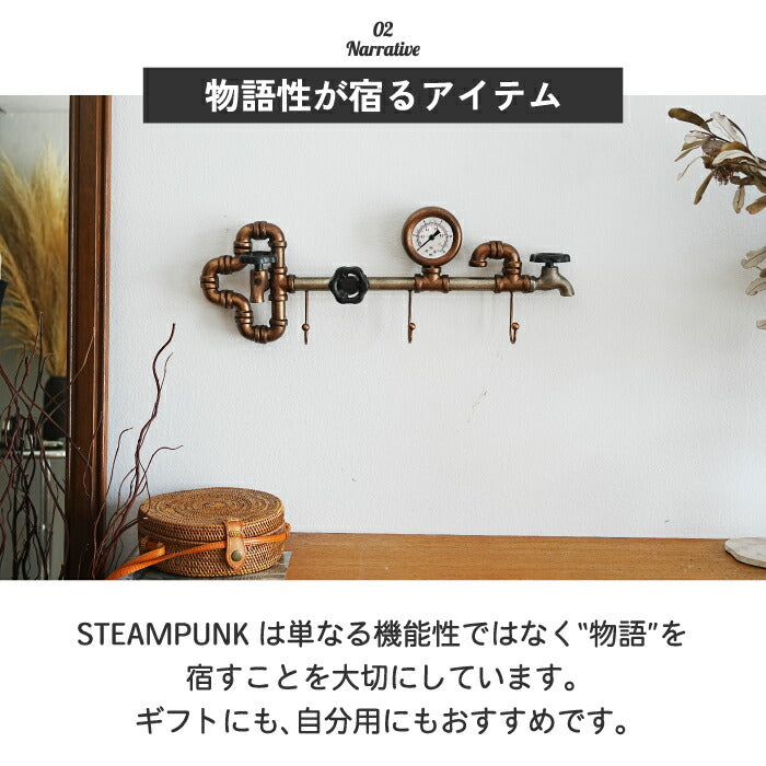 ウォールフック 壁掛けフック スチームパンク Steampunk 3連 おしゃれ アンティーク レトロ 帽子掛け ベルト掛け 壁面収納 見せる収納 コートフック 玄関 リビング 趣味 店舗什器 ディスプレイ ウォール 3フック インテリア ギフト プレゼント 新生活